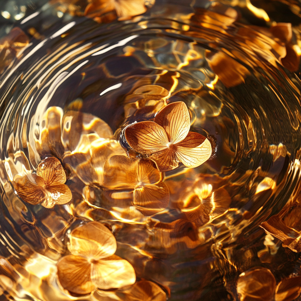 Dried flowers creating a ripple effect in a fountain | Source: Midjourney