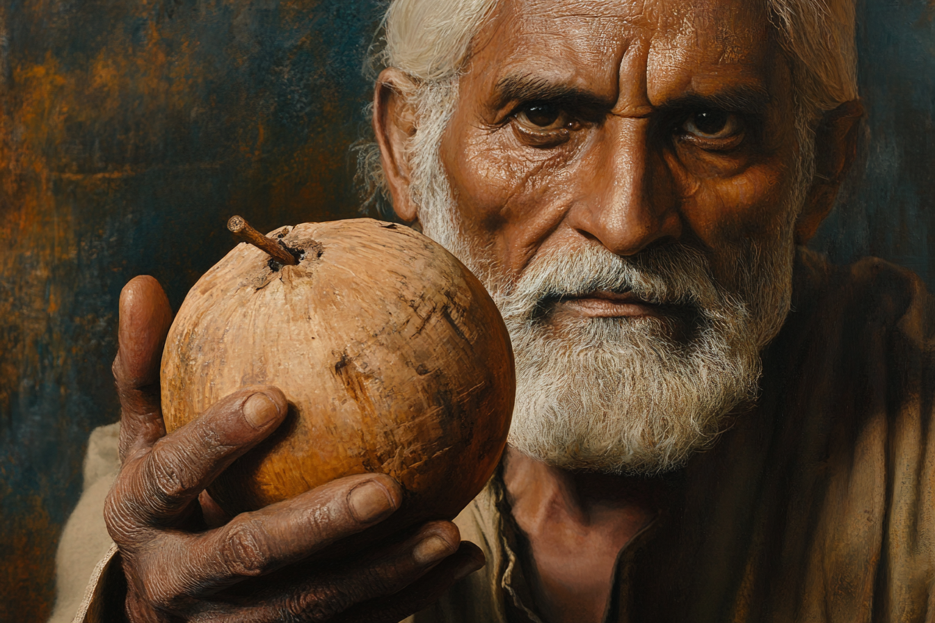 An elderly man holding a wooden apple | Source: Midjourney