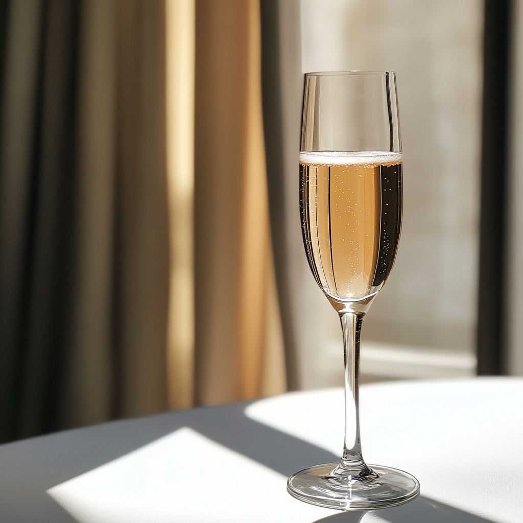 A glass of champagne on a table | Source: Midjourney