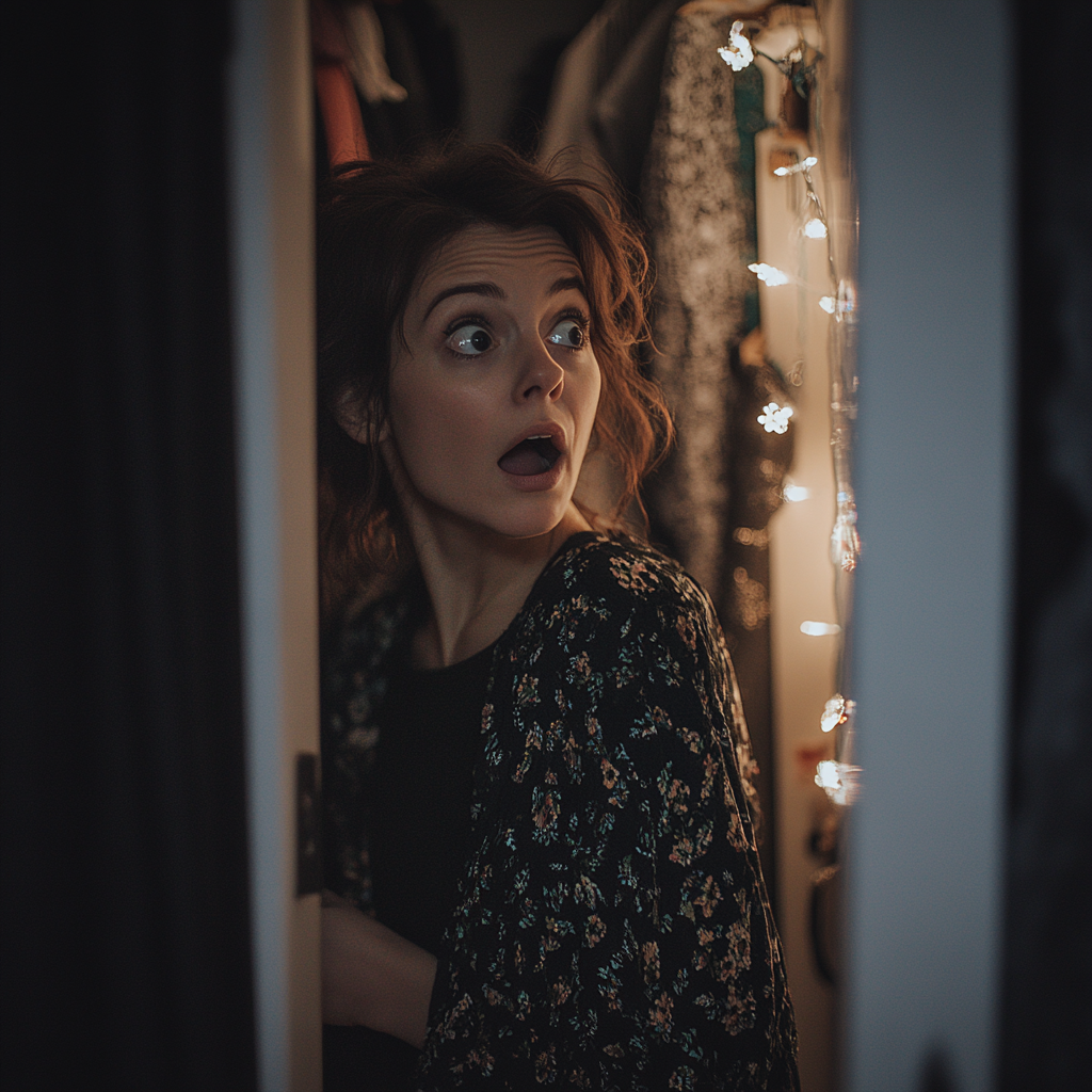 A shocked woman looking into her closet | Source: Midjourney