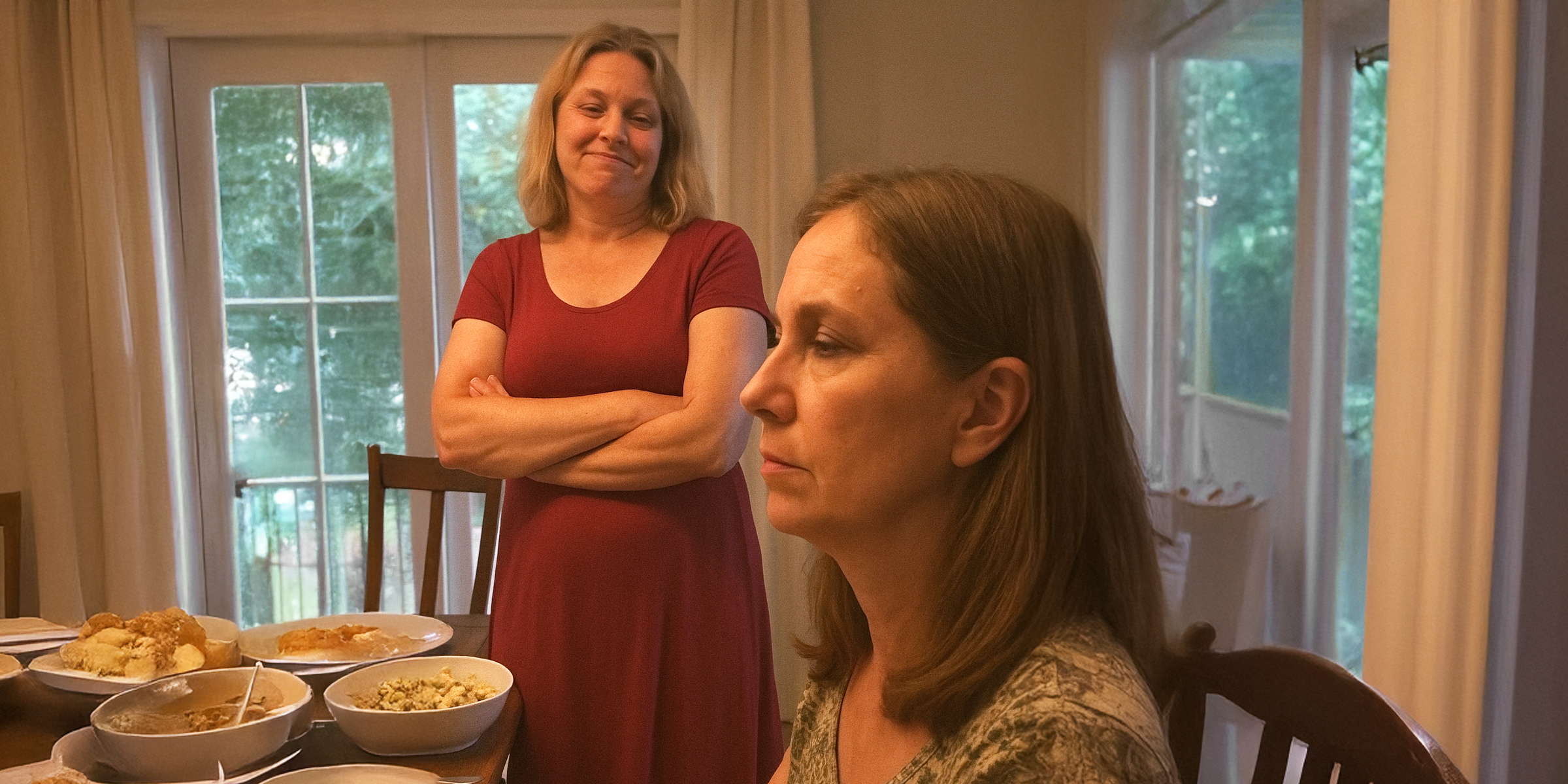Tension brews at the dinner table as one woman looks on smugly while another sits in silence | Source: The Celebritist
