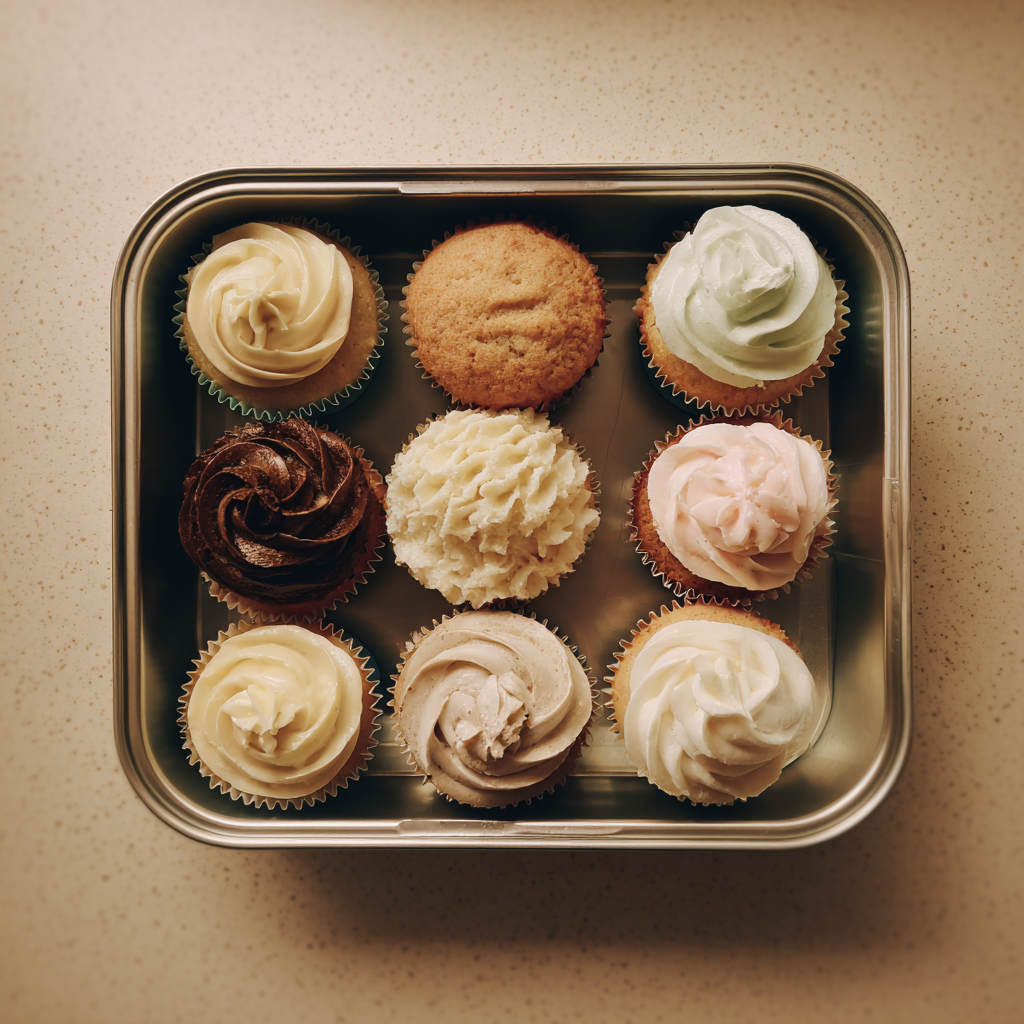 A tin of cupcakes on a kitchen counter | Source: Midjourney