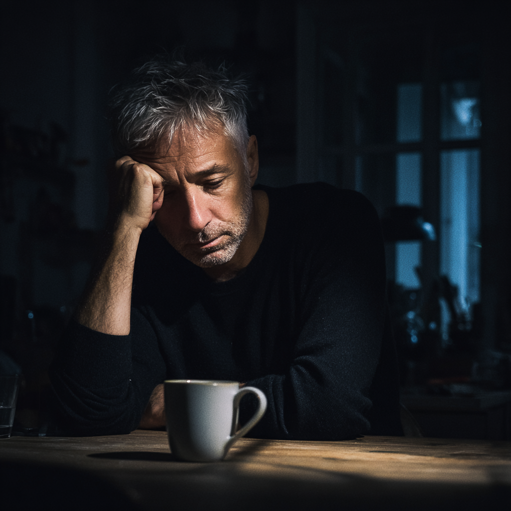 A pensive man sitting at a kitchen table at night | Source: Midjourney