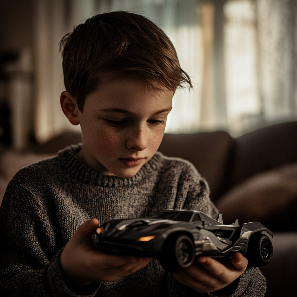 A boy holding a toy car | Source: Midjourney