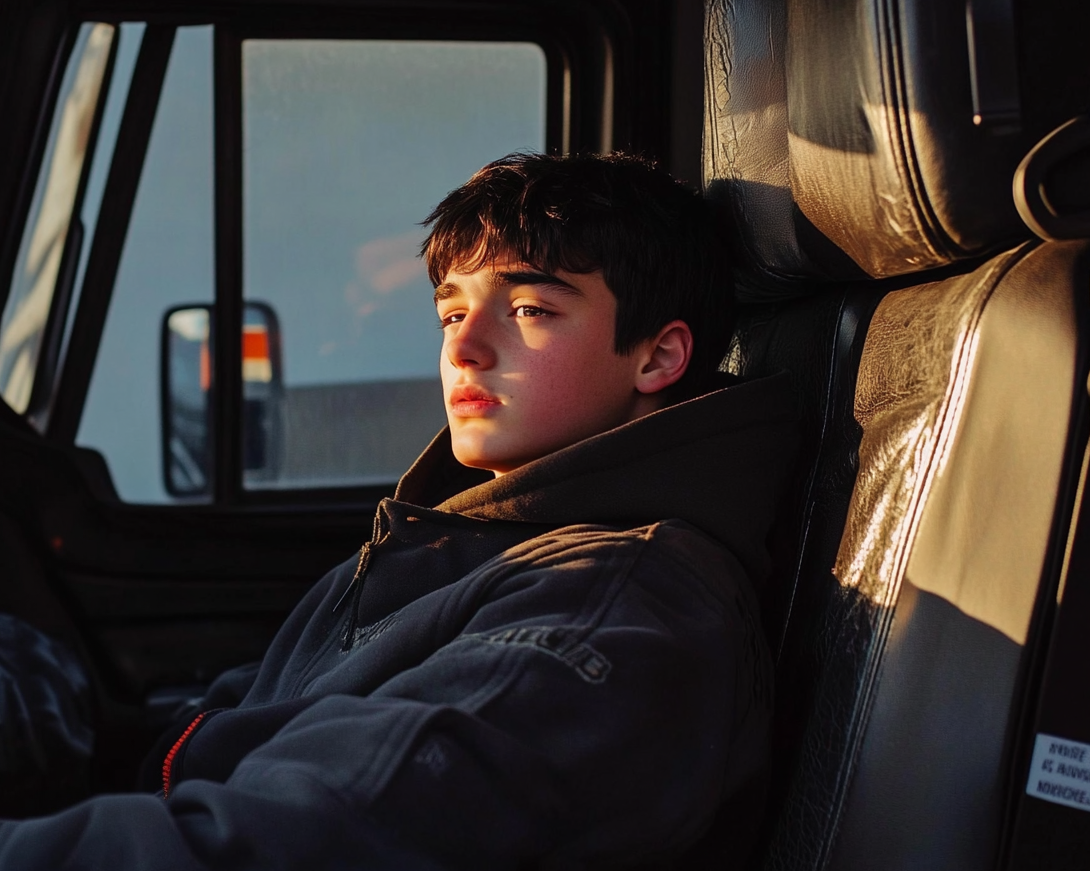 Teenager sitting on the passenger side of a big truck looking sad | Source: Midjourney