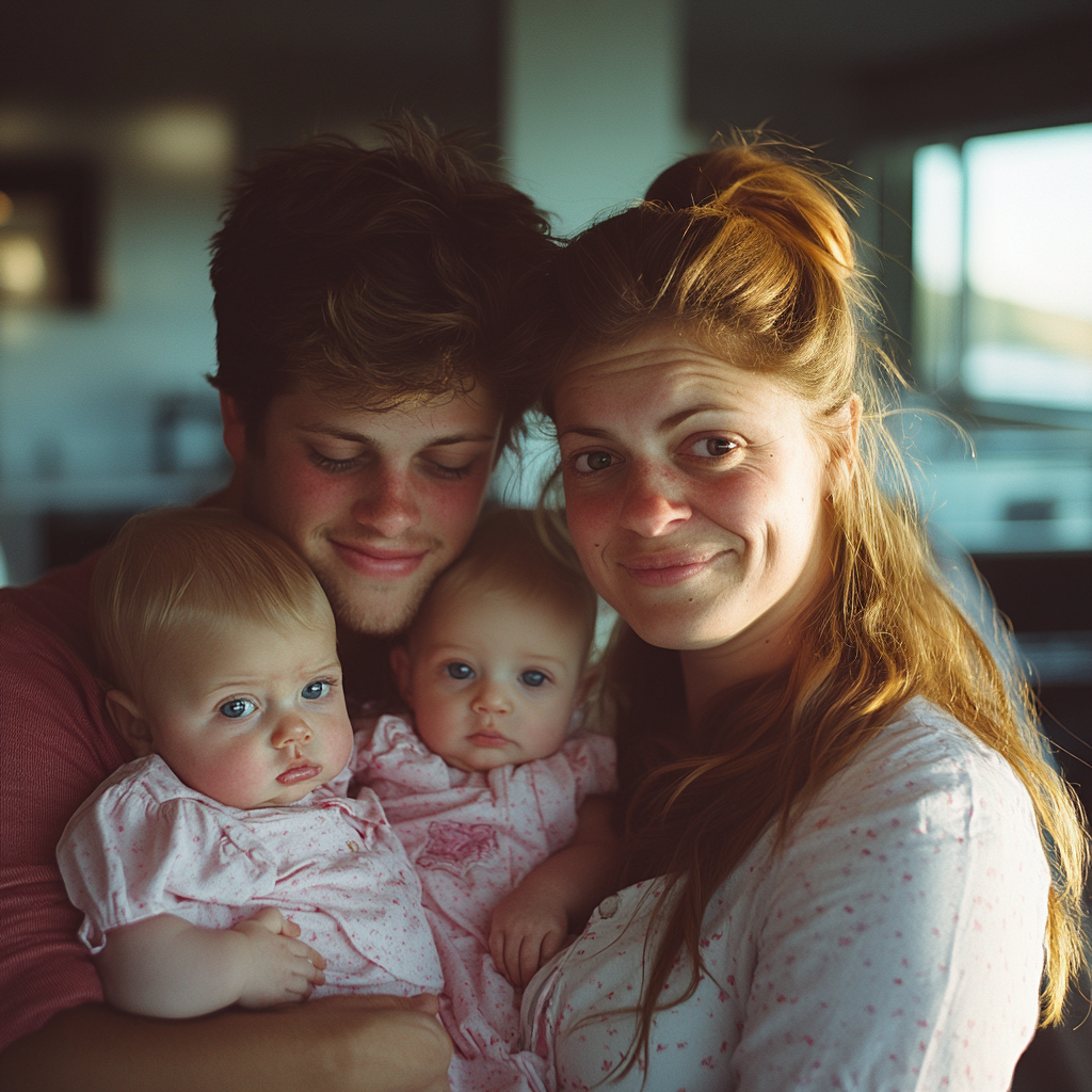 A happy couple with their twins | Source: Midjourney