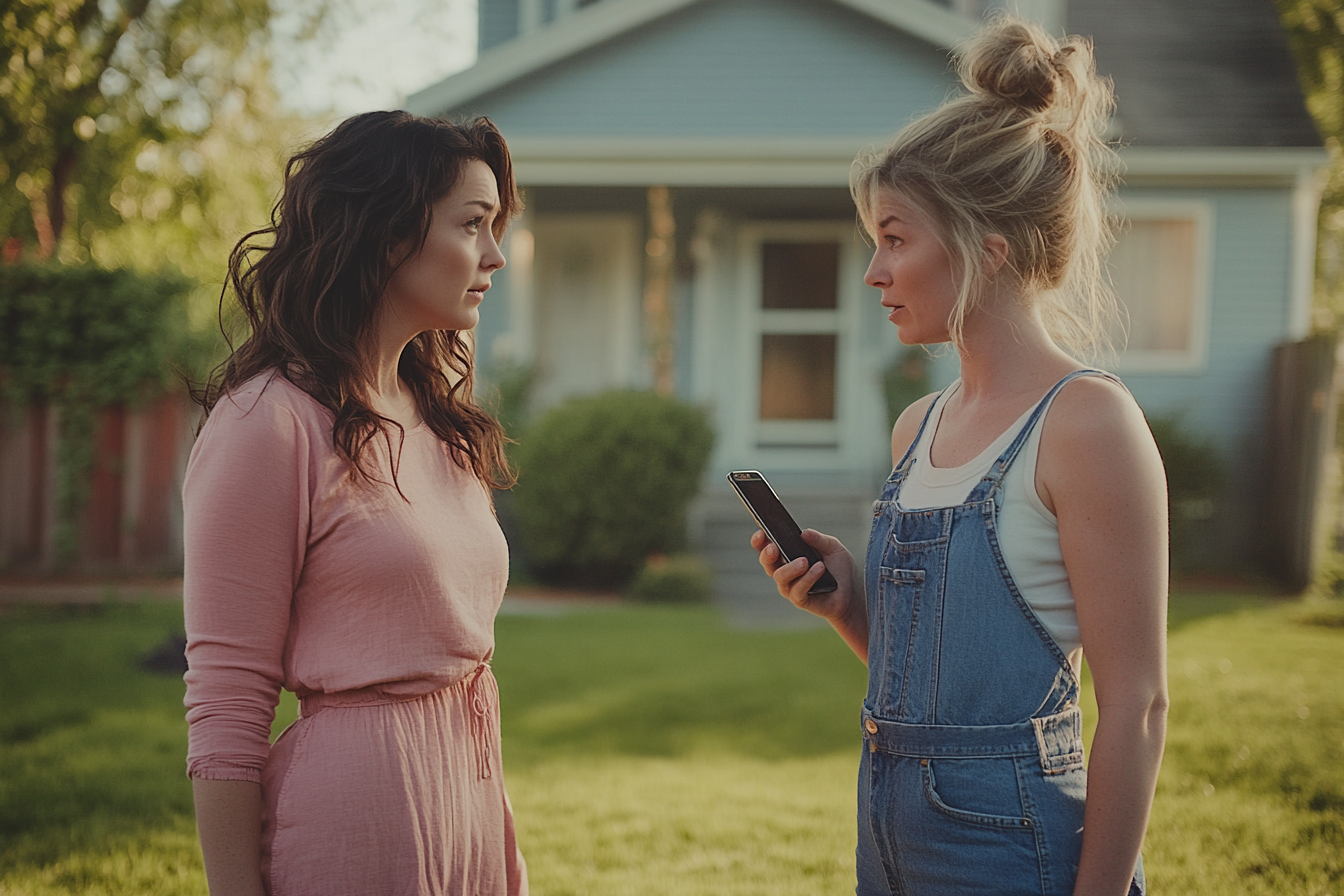 Two women talking on the front lawn of a house, one holding a phone, both looking worried | Source: Midjourney