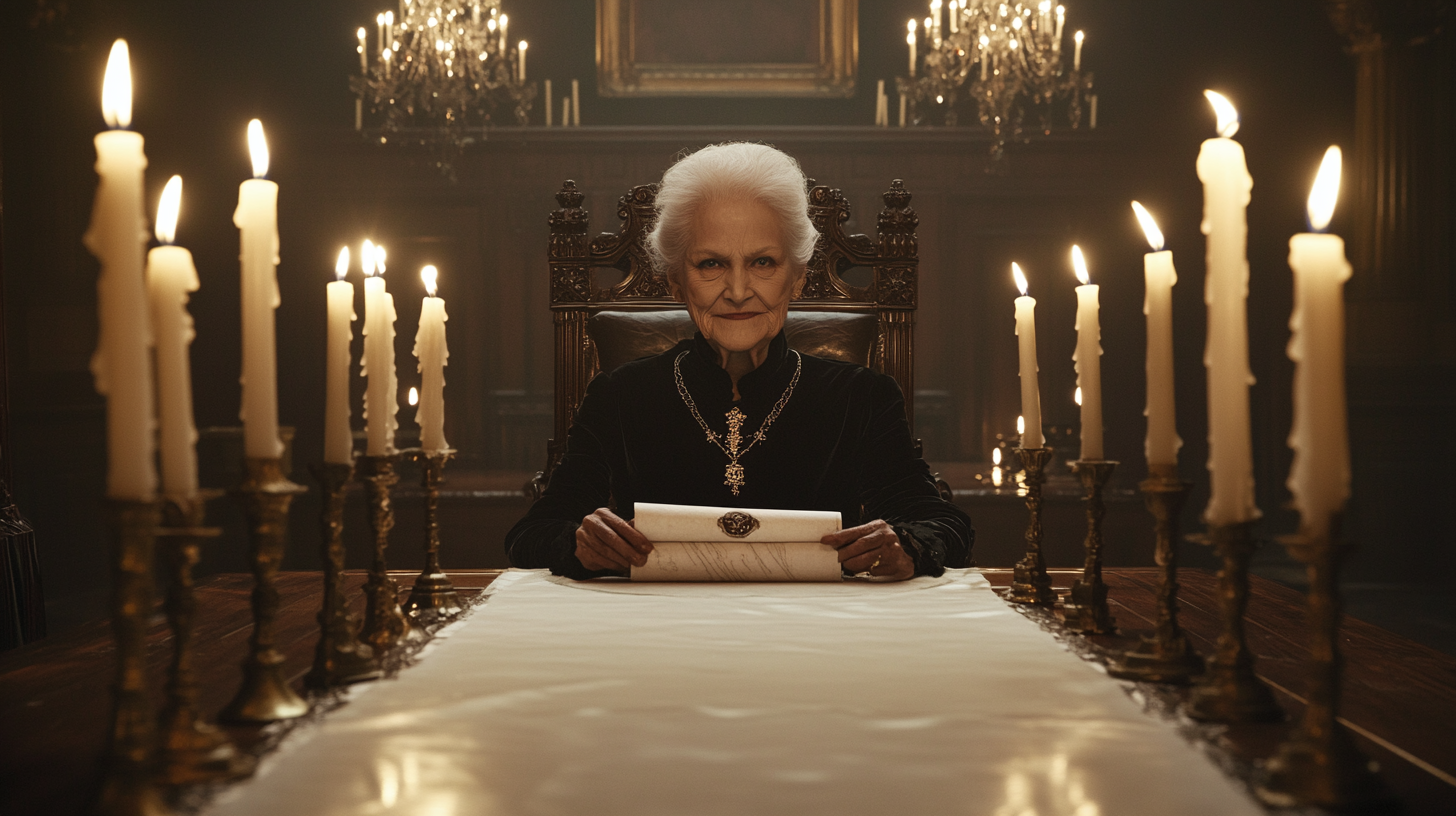 Elderly woman with strict gaze sitting at the table | Source: Midjourney