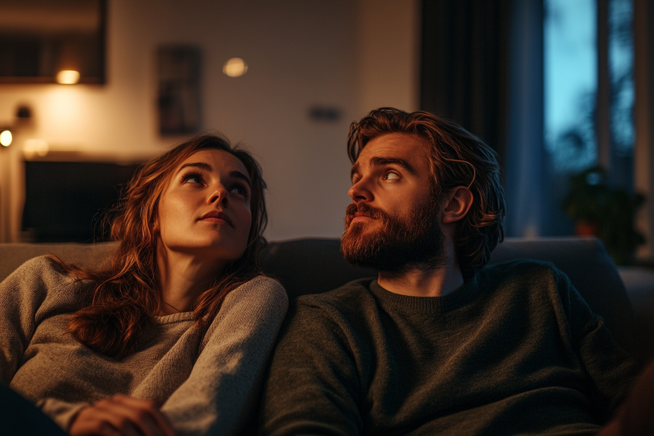 A couple in a living room glancing upwards | Source: Midjourney