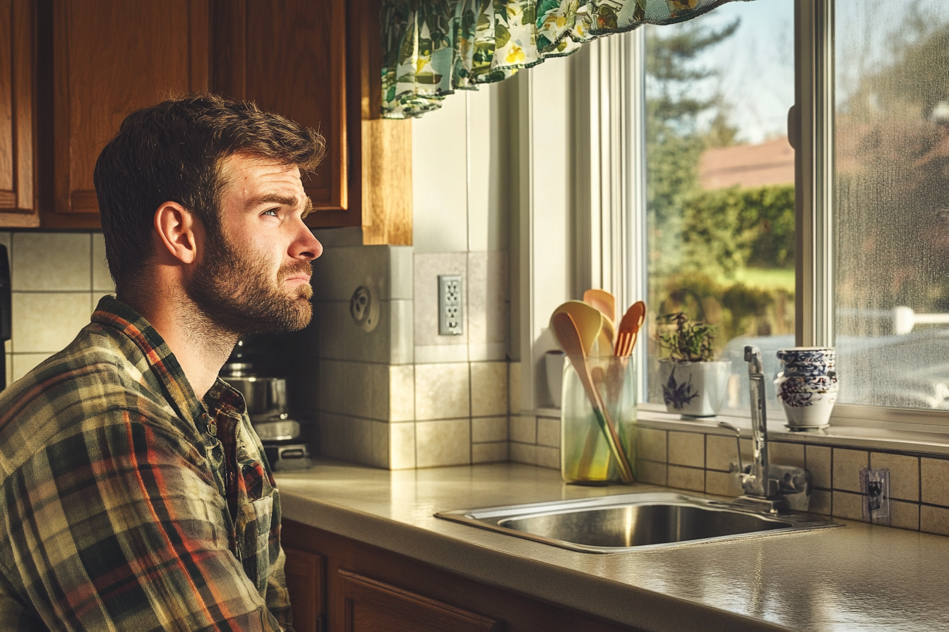 A man staring out his kitchen window | Source: Midjourney