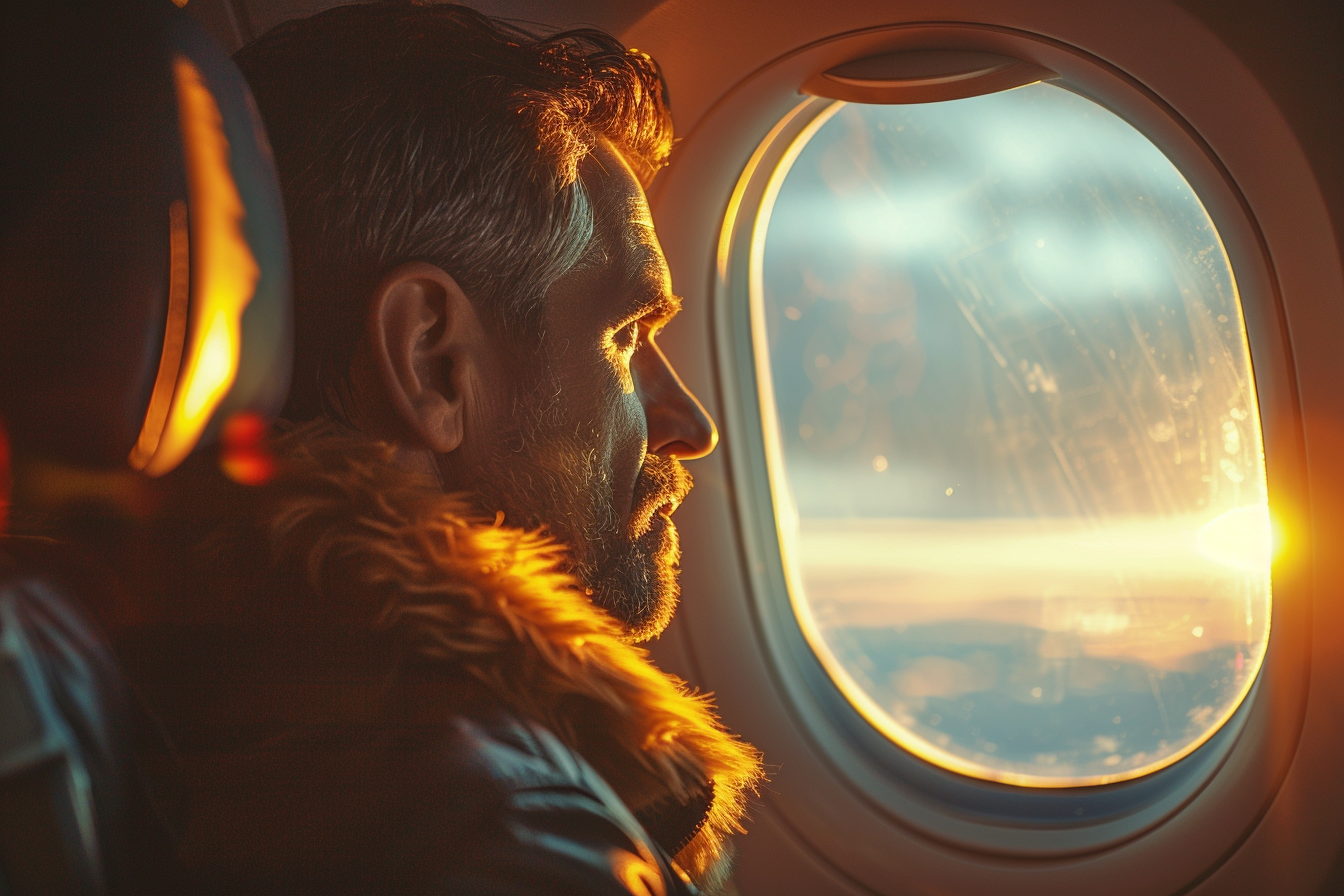 Side view of a man sitting in an airplane | Source: Midjourney