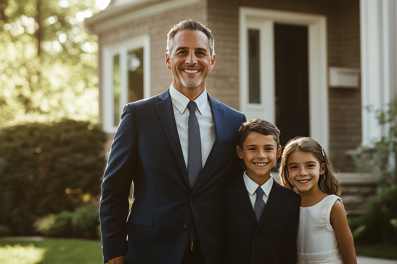 A wealthy man with his two kids smiling in front of a house | Source: Midjourney