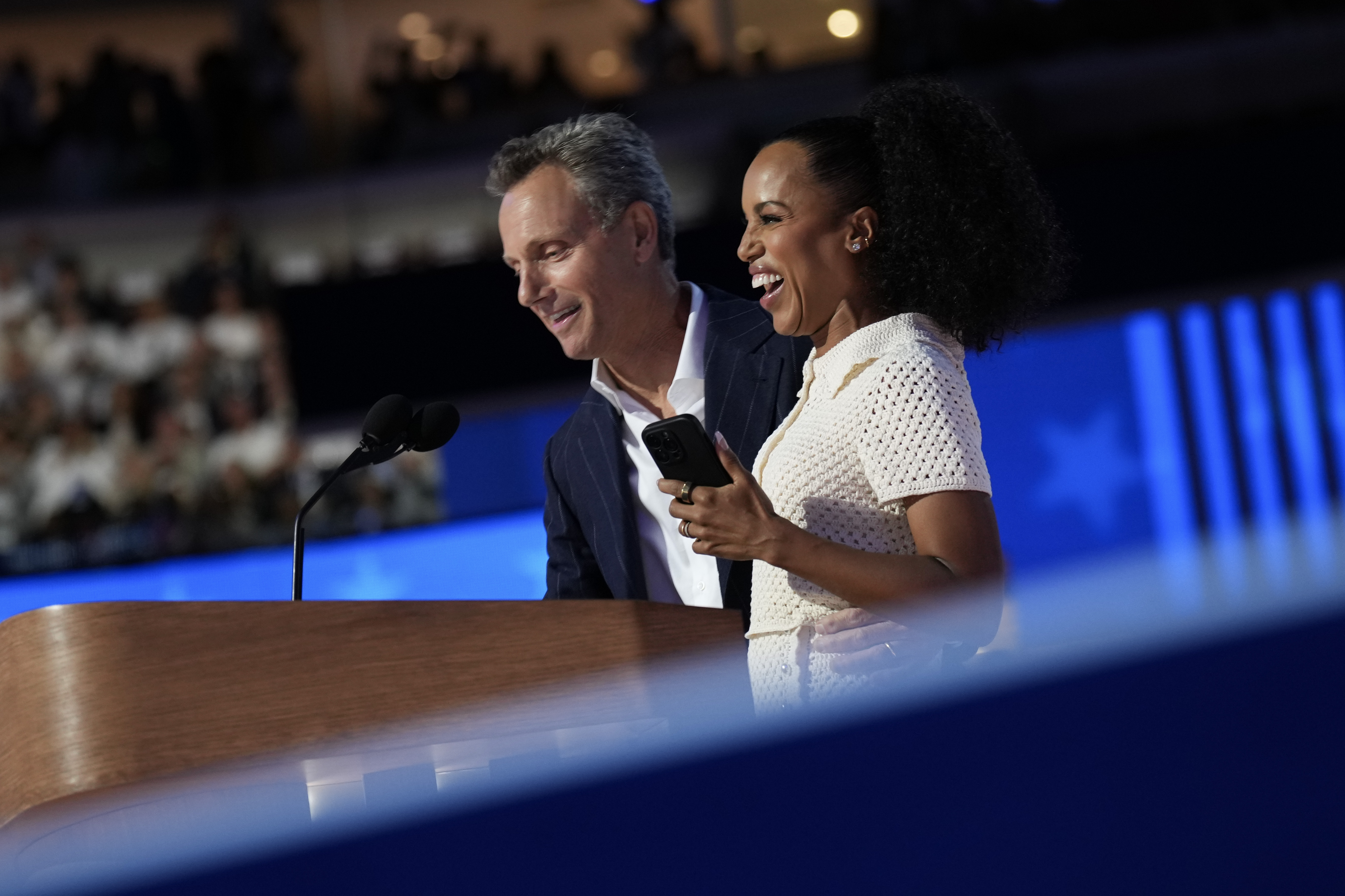 Tony Goldwyn and Kerry Washington speak onstage during the final day of the Democratic National Convention at the United Center on August 22, 2024 in Chicago, Illinois. | Source: Getty Images