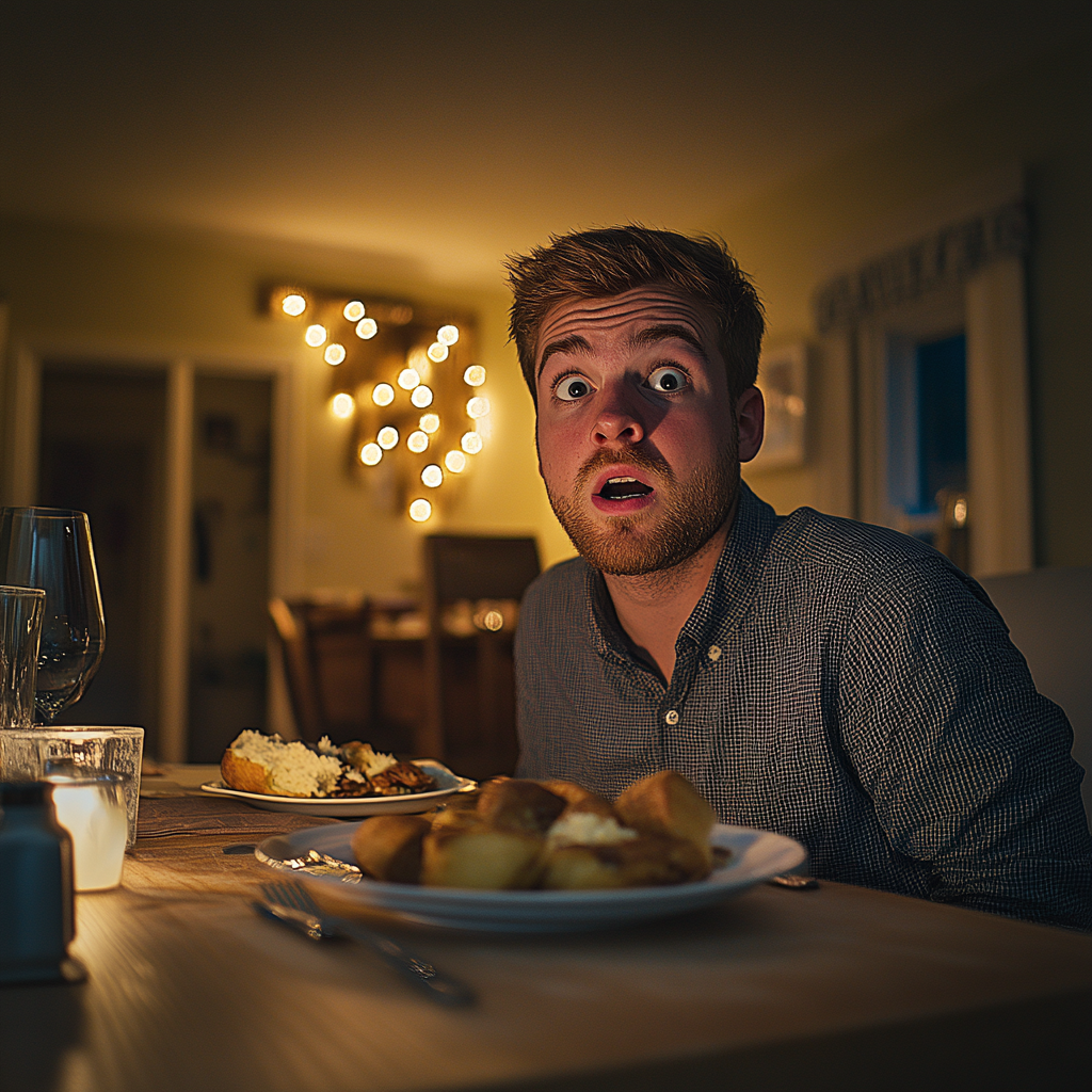 A stunned man sitting at the dinner table | Source: Midjourney