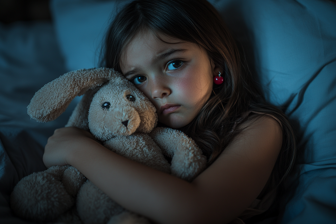 A scared and sad 5-year-old girl clutching a stuffed bunny in bed | Source: Midjourney