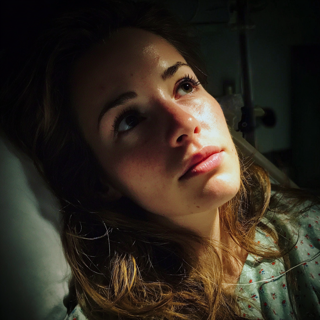 A pensive woman in a hospital bed | Source: Midjourney