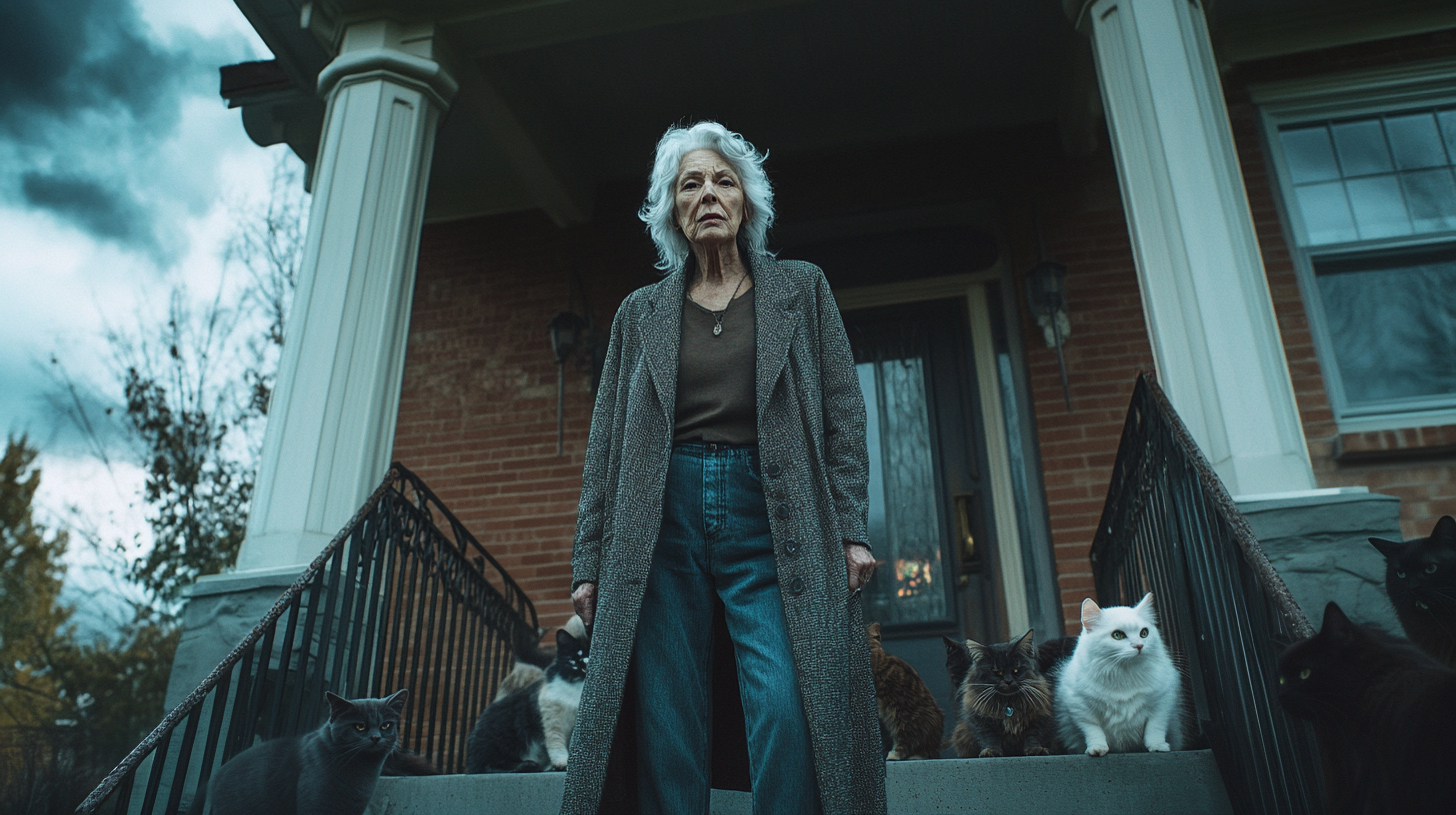 An elderly lady standing on a porch surrounded by cats | Source: Midjourney