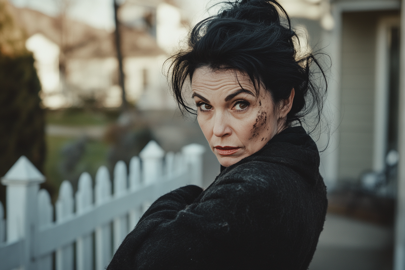 Woman in her 50s looking dirty and messy standing outside a white picket fence | Source: Midjourney