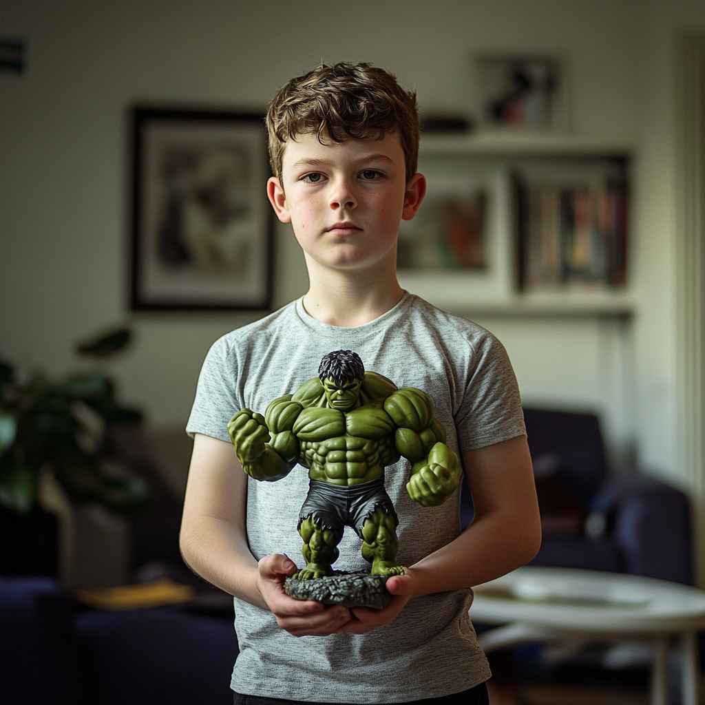 A boy holding a Hulk figurine | Source: Midjourney