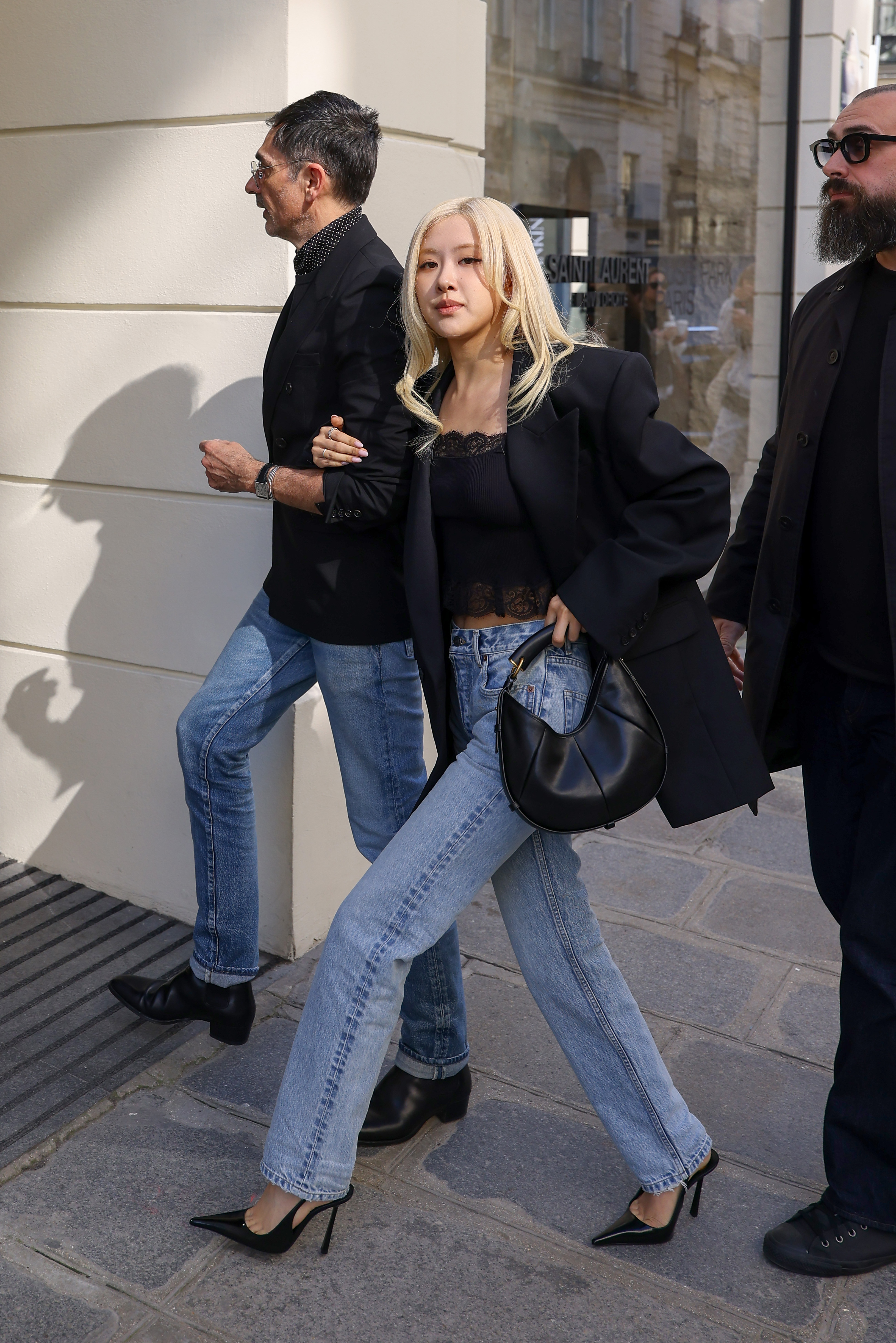 Emmanuel Tomasini and Rosé are seen shopping at Saint Laurent store during Day Three of Paris Fashion Week - Womenswear Fall/Winter 2026/2027 on March 04, 2026 in Paris, France. | Source: Getty Images