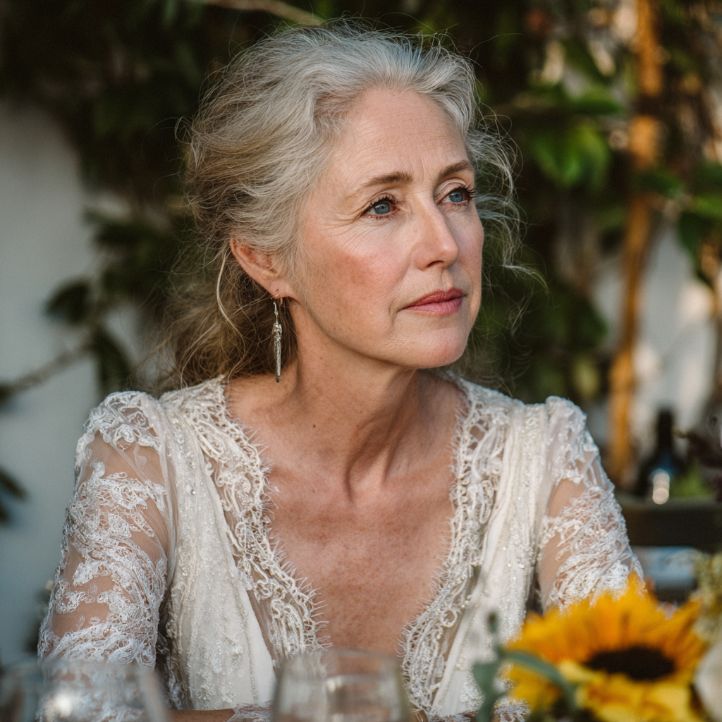 A pensive older bride sitting at a table | Source: Midjourney