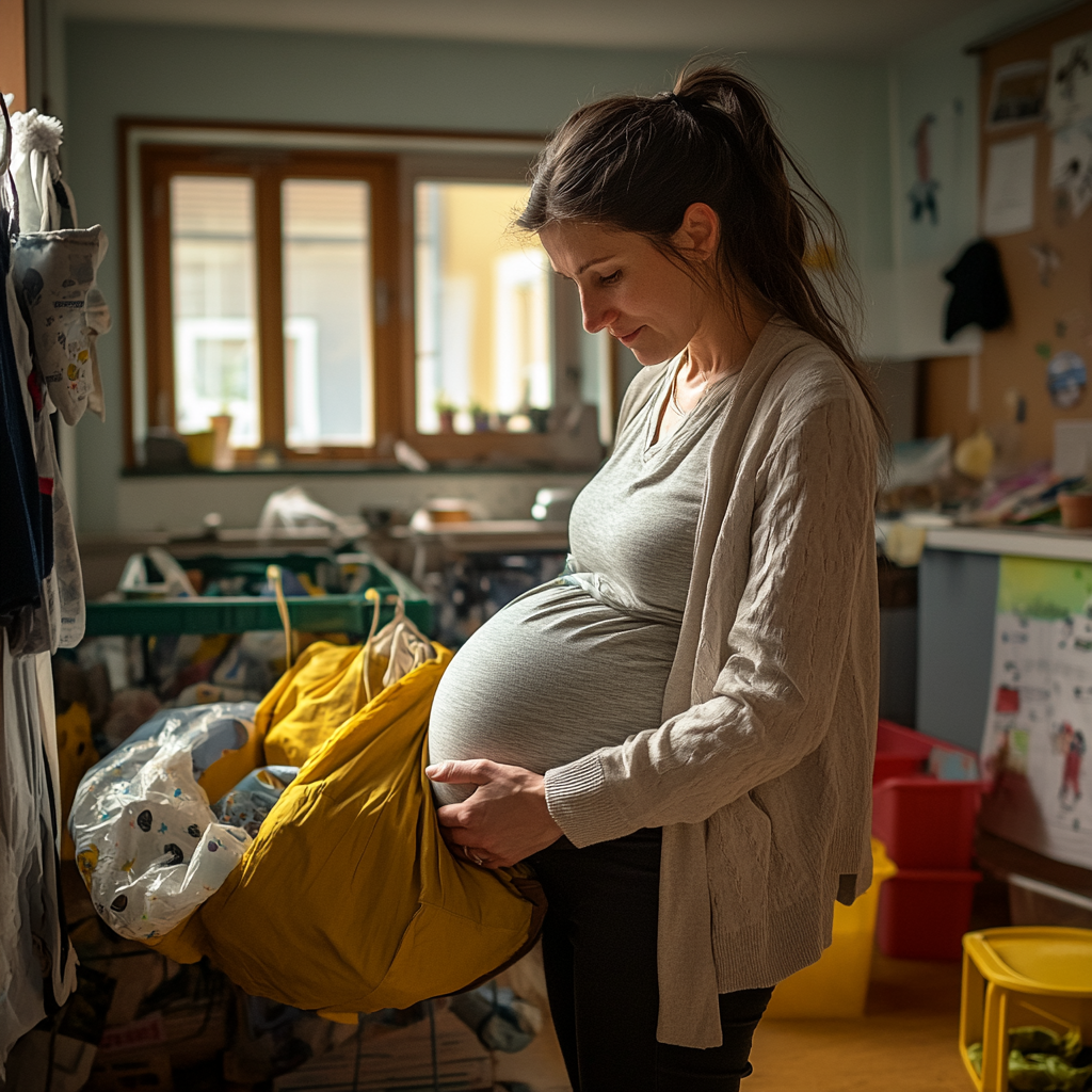 A pregnant woman sorting through stuff | Source: Midjourney