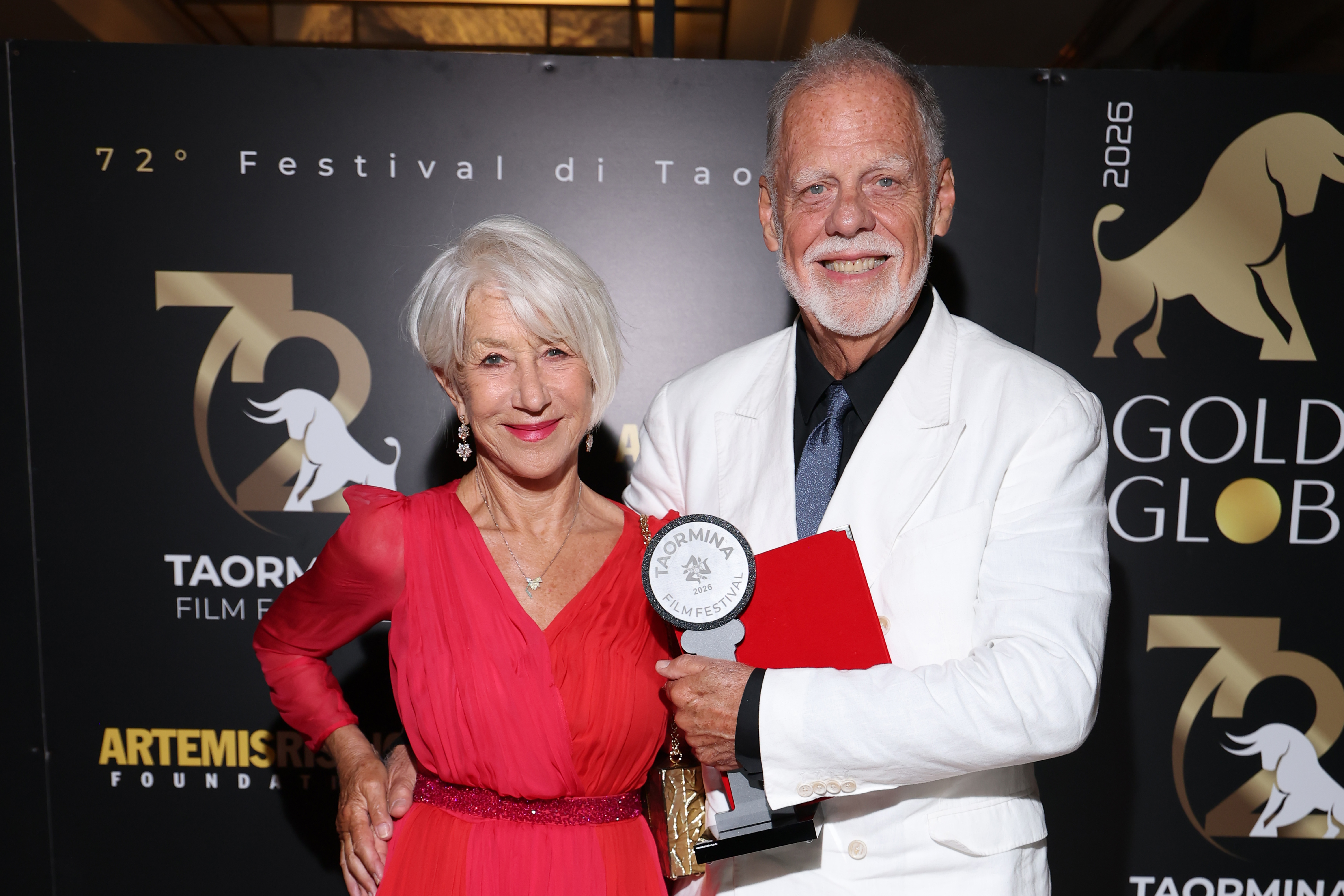 Helen Mirren and Taylor Hackford attended the "Golden Globe" dinner honouring Brunello Cucinelli during the 72nd Taormina Film Festival on June 12, 2026, in Taormina, Italy. | Source: Getty Images