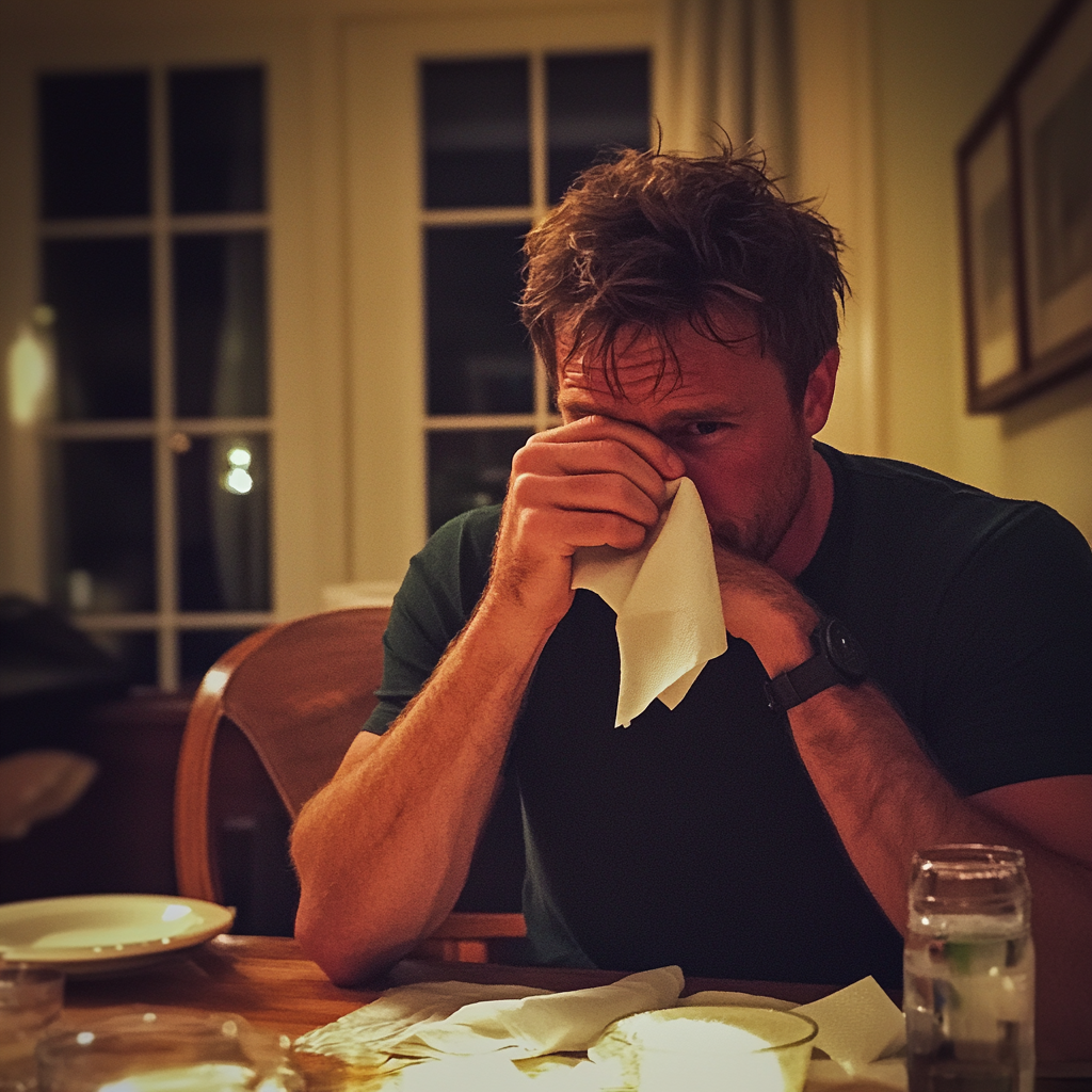 A man holding a napkin to his face | Source: Midjourney