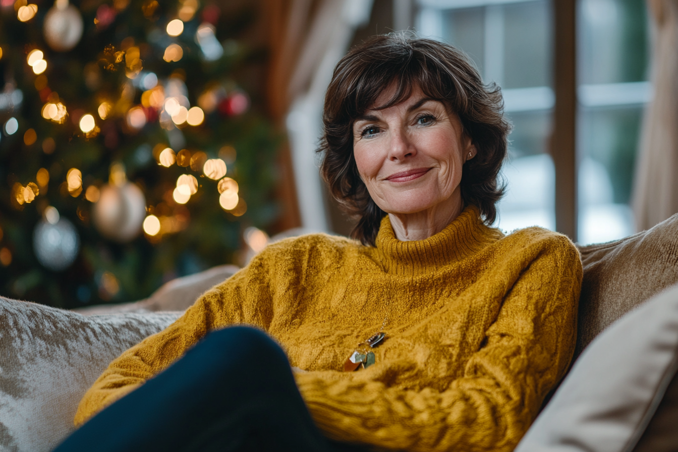 A mature woman seated on a sofa smiling smugly | Source: Midjourney