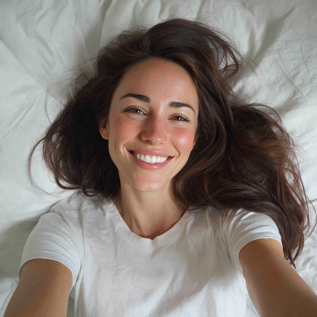 A smiling woman laying in bed | Source: Midjourney