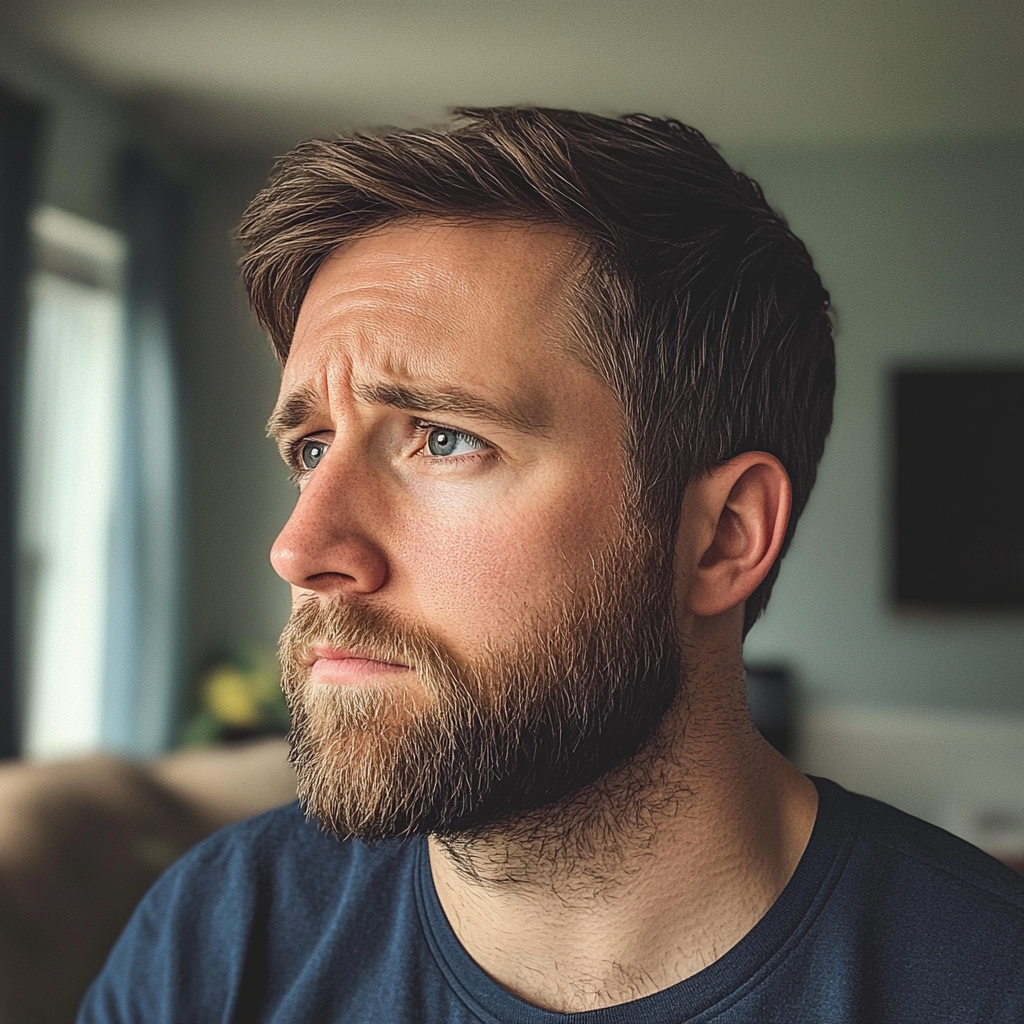 An upset man standing in a living room | Source: Midjourney