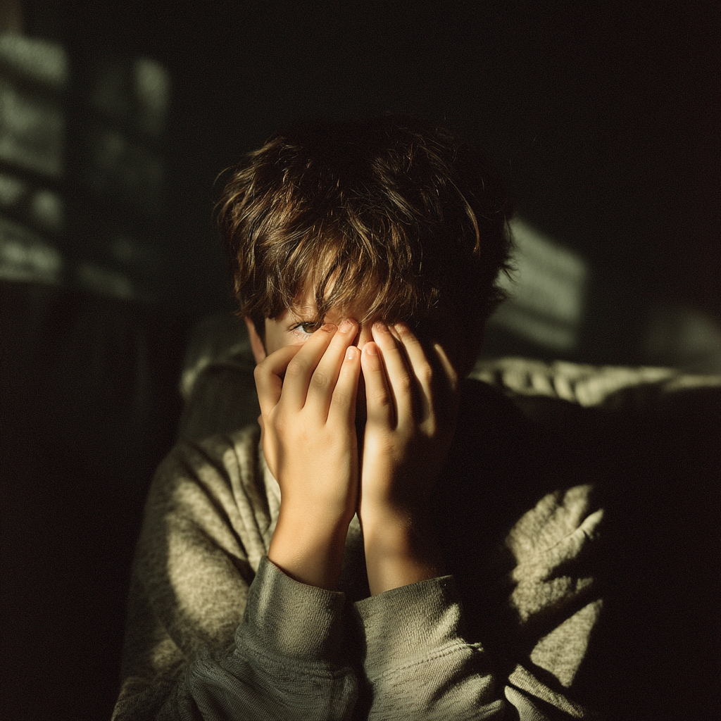 An emotional boy covering his face | Source: Midjourney