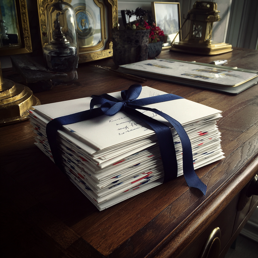 A stack of letters on a table | Source: Midjourney