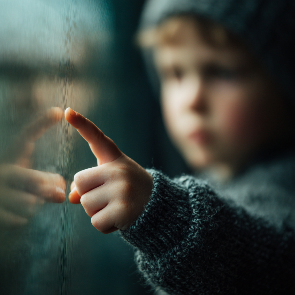A boy tapping his finger against a pane of glass | Source: Midjourney