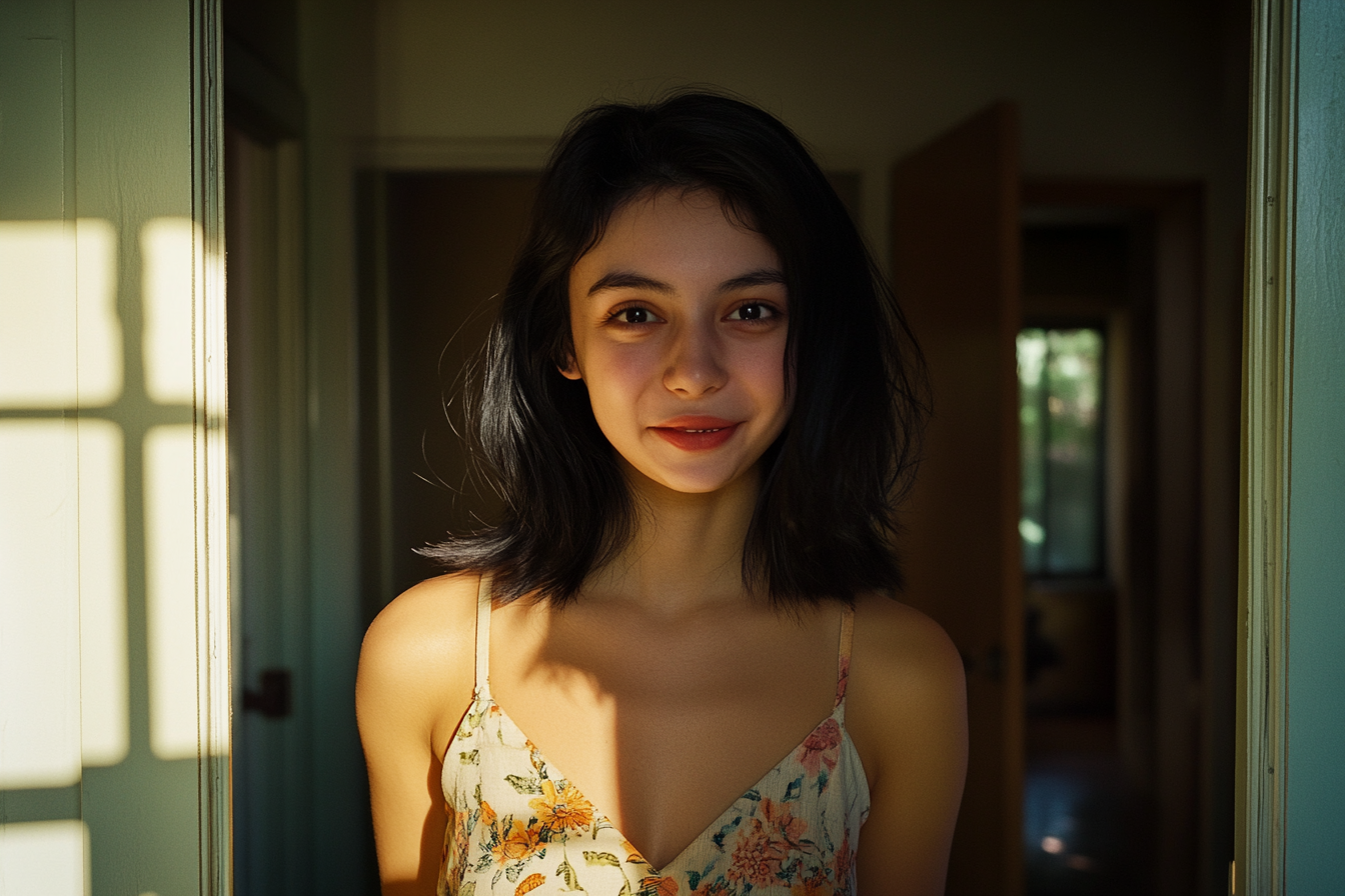 18 year old woman smiling in the doorway of a house | Source: Midjourney