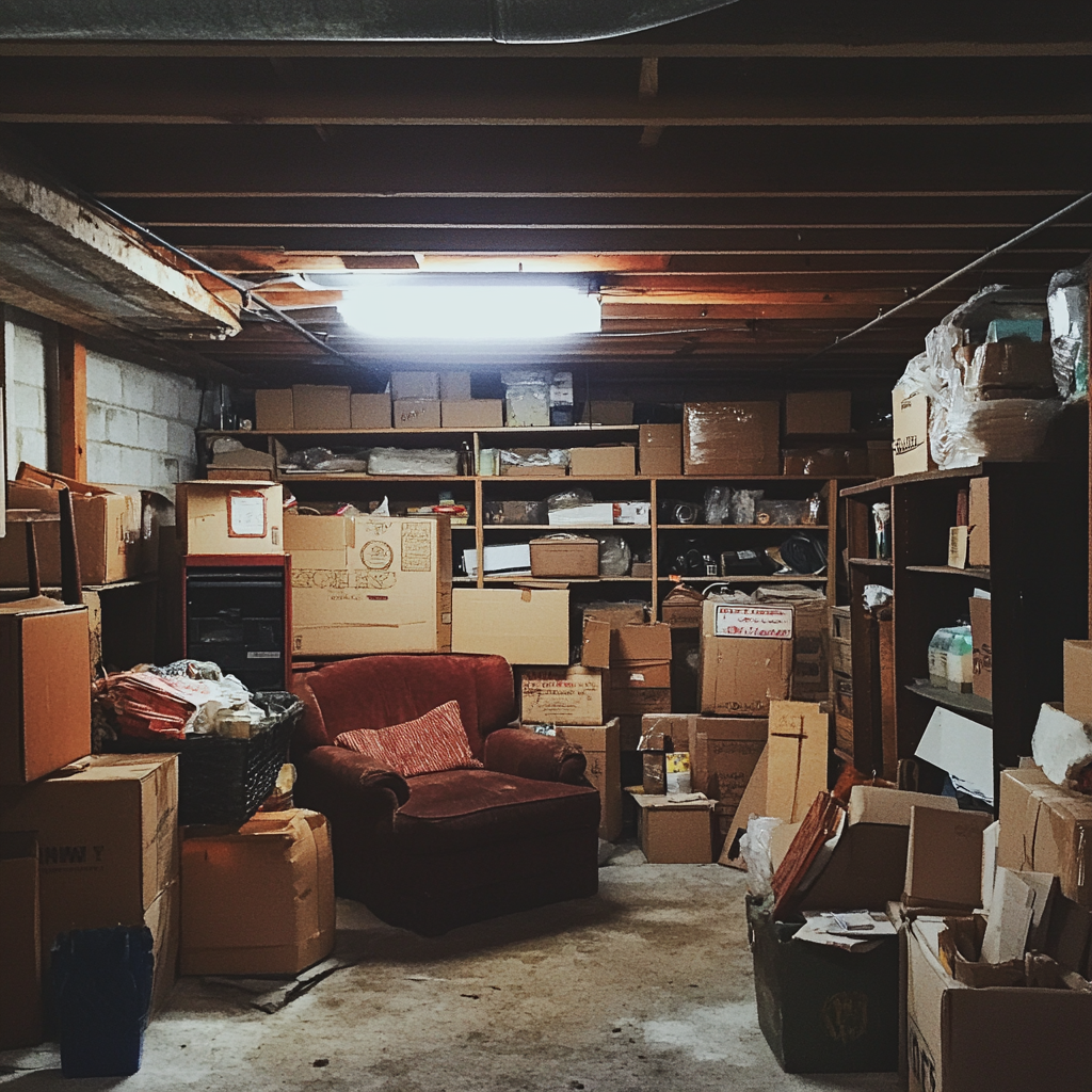 The interior of a cluttered basement | Source: Midjourney