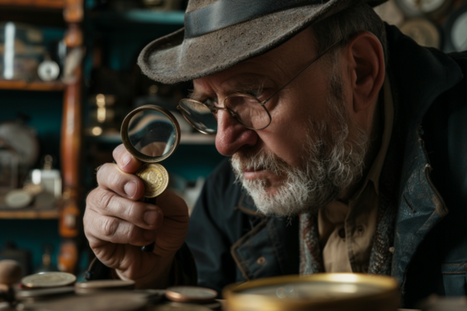 An antique store owner inspecting the coins | Source: Midjourney