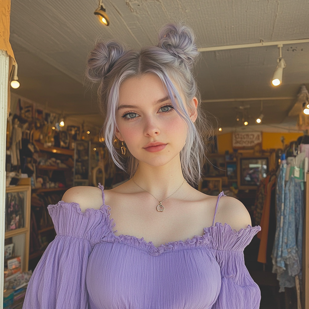 A young woman in a thrift shop | Source: Midjourney