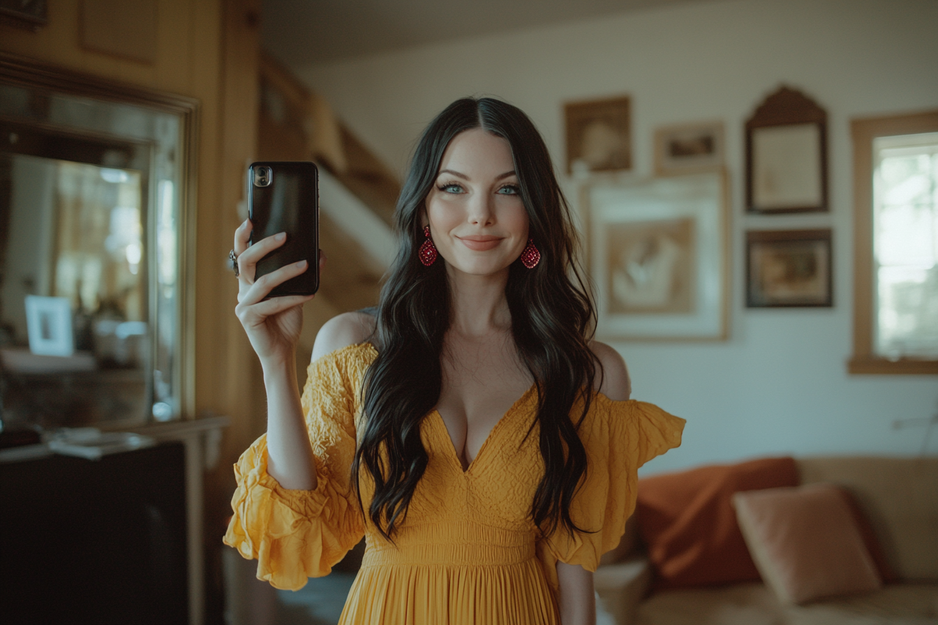 Woman in her 20s holding up her phone in a living room with a bright smile | Source: Midjourney