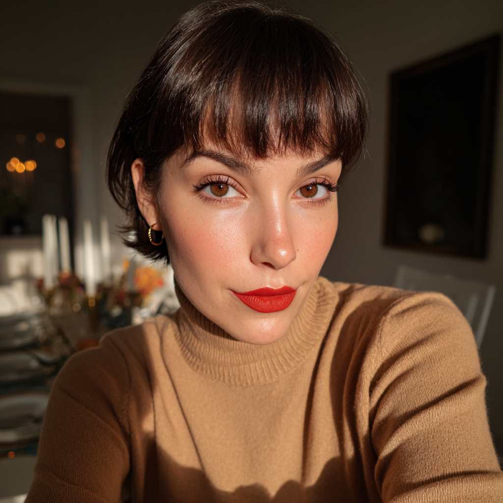 A smug woman sitting at a dining table | Source: Midjourney
