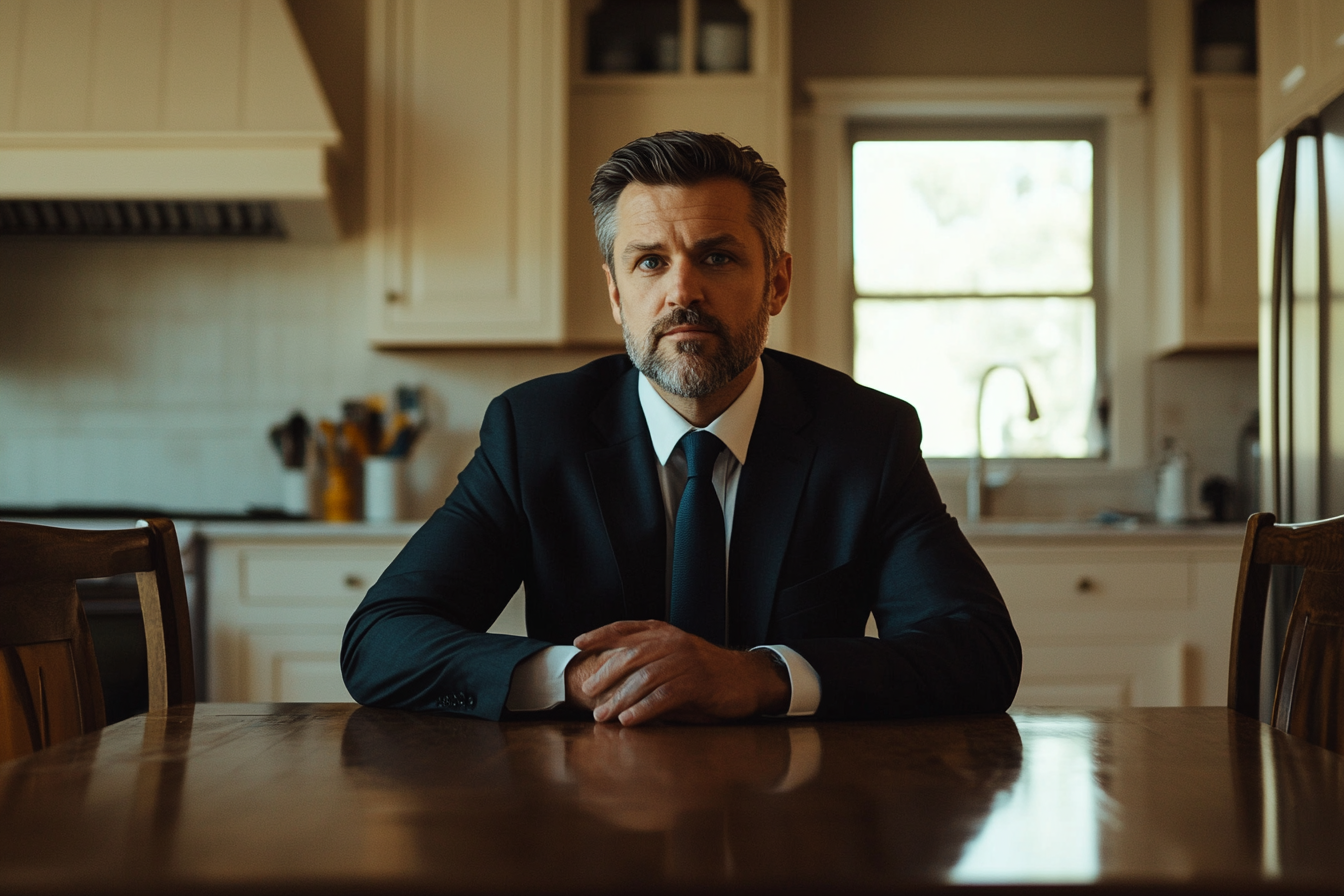 A serious man sitting at a kitchen table | Source: Midjourney