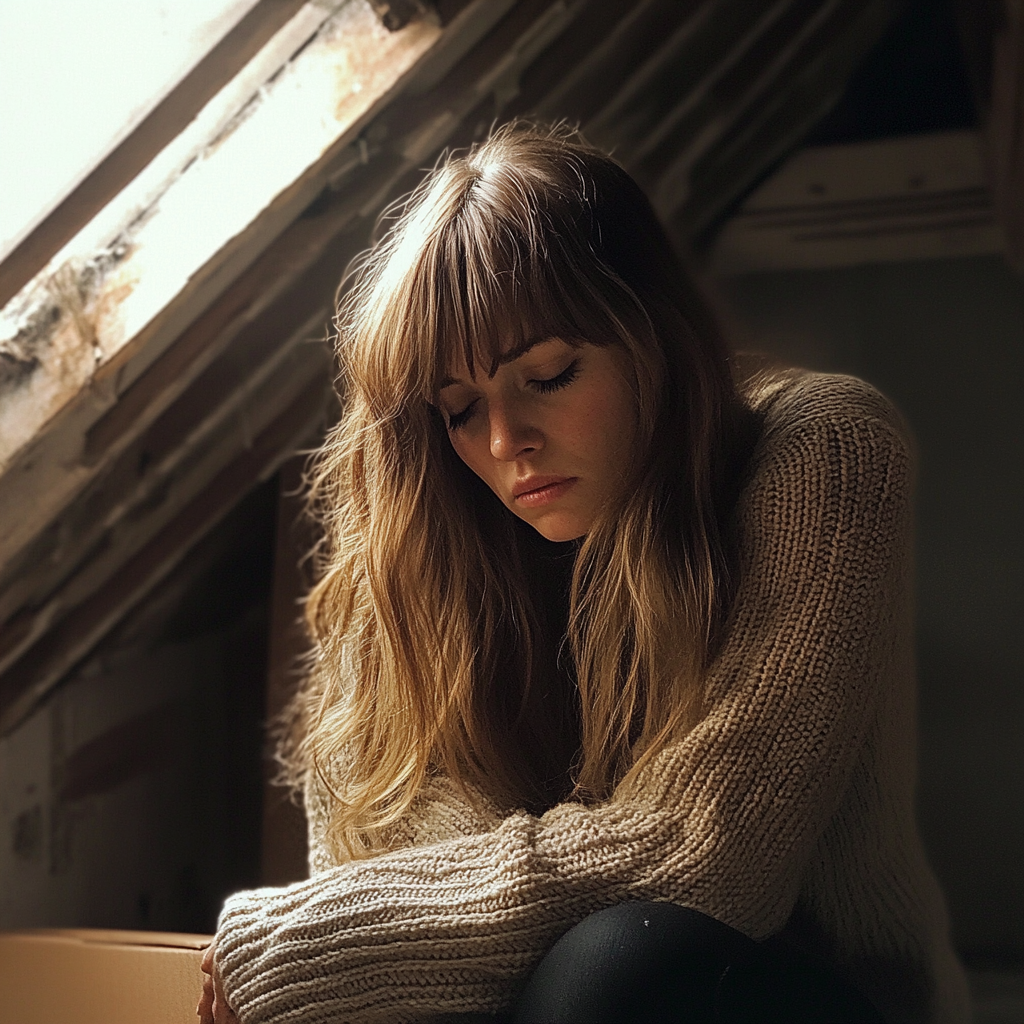An upset woman sitting in an attic | Source: Midjourney