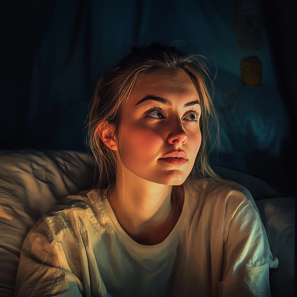 Curious woman seated in bed at night | Source: Midjourney