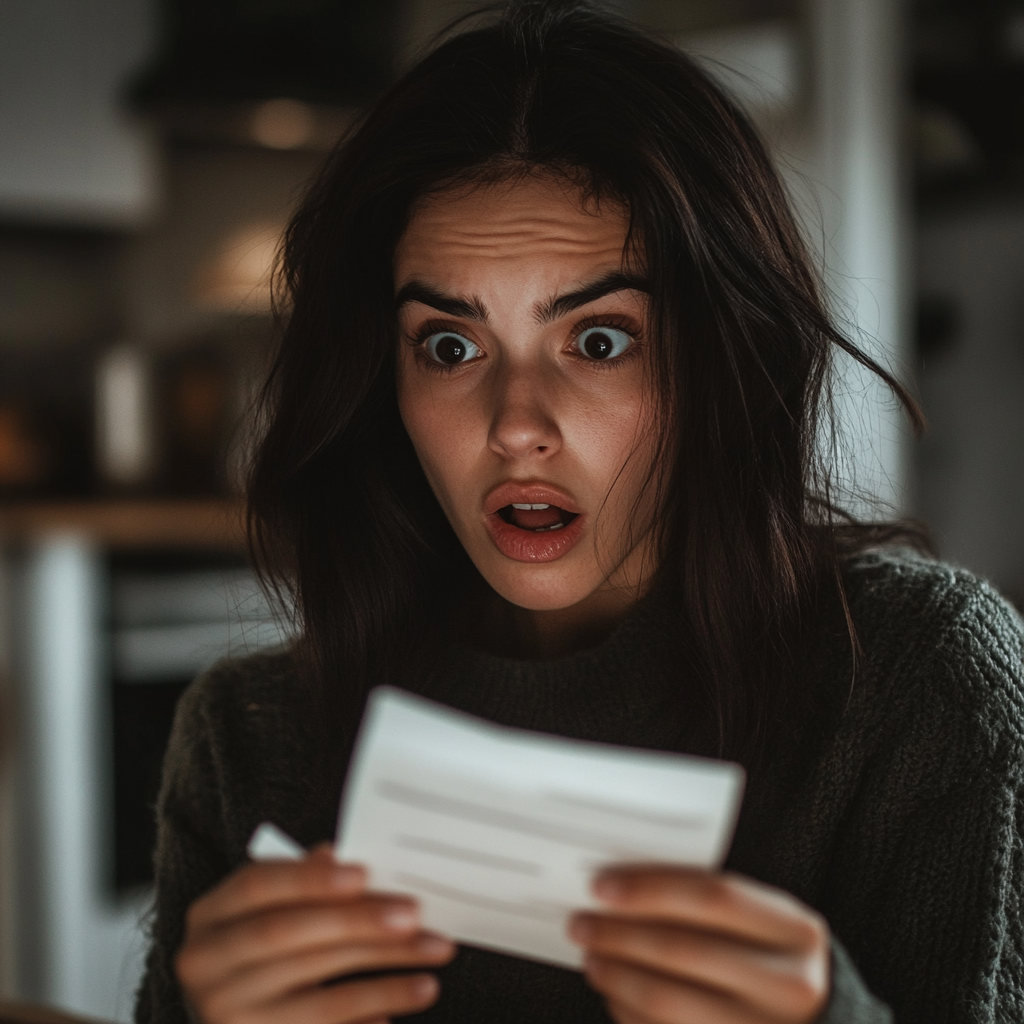 A shocked woman looking at a note | Source: Midjourney