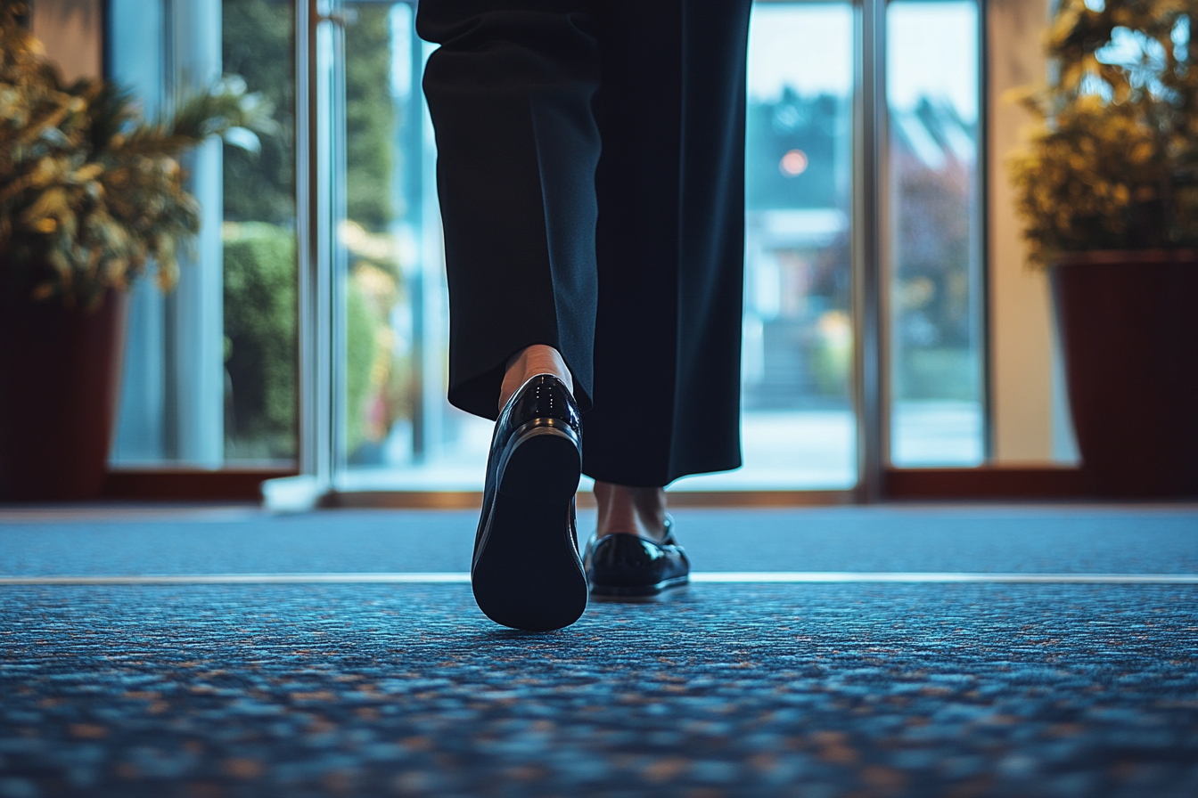 A woman walking out of a reception hall | Source: Midjourney