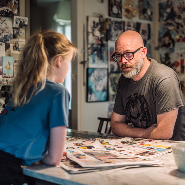 A father talking to his daughter in the kitchen | Source: Midjourney