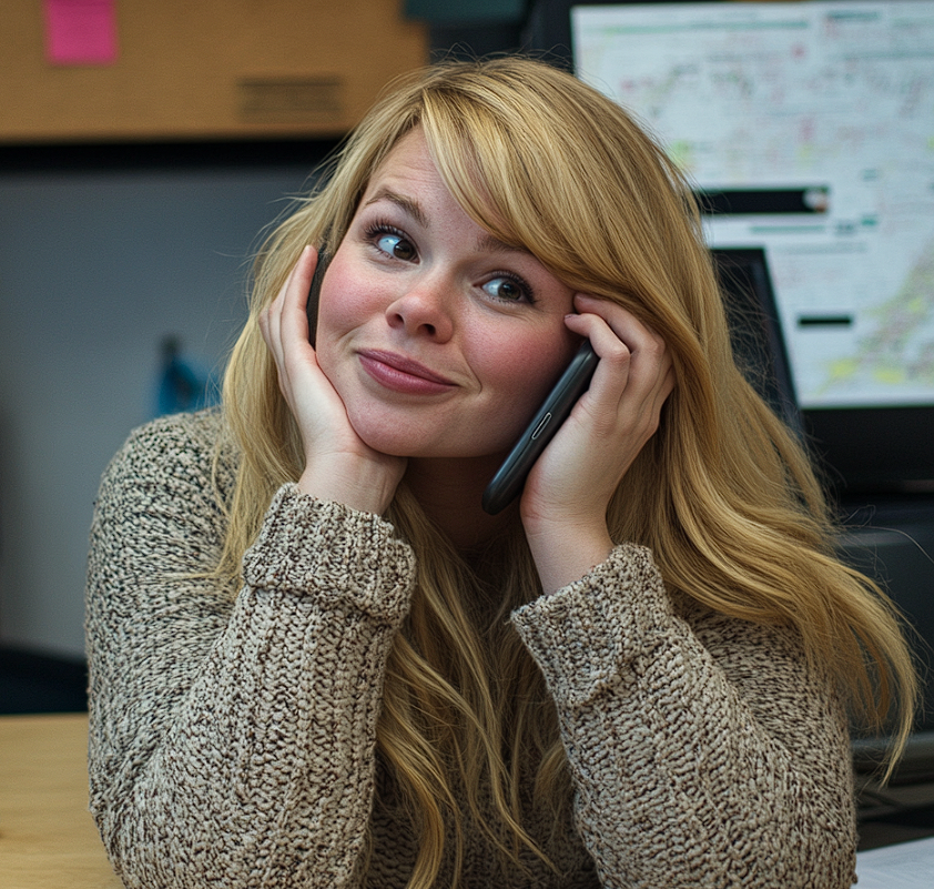 A woman in an office speaking on her cell phone | Source: Midjourney