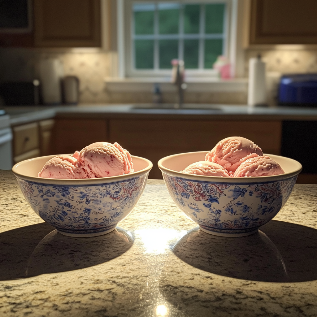 Two bowls of strawberry ice cream | Source: Midjourney