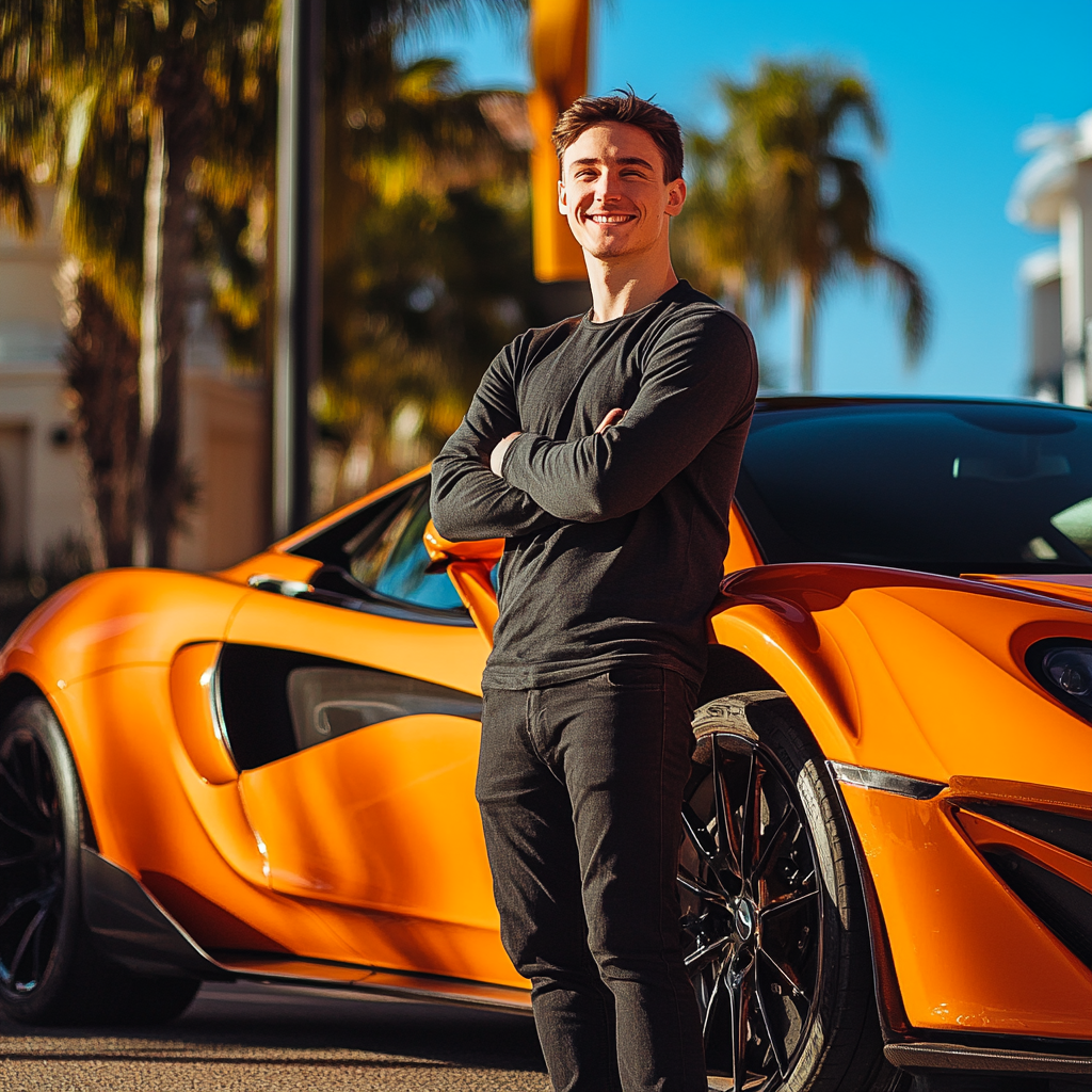 A young man standing next to a sports car | Source: Midjourney