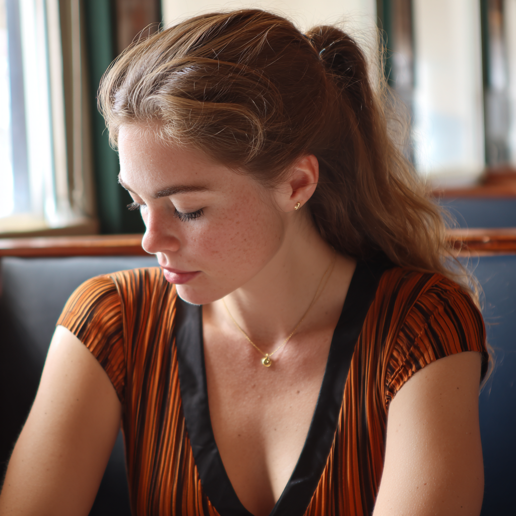 A young woman sitting at a table and looking down at her lap | Source: Midjourney